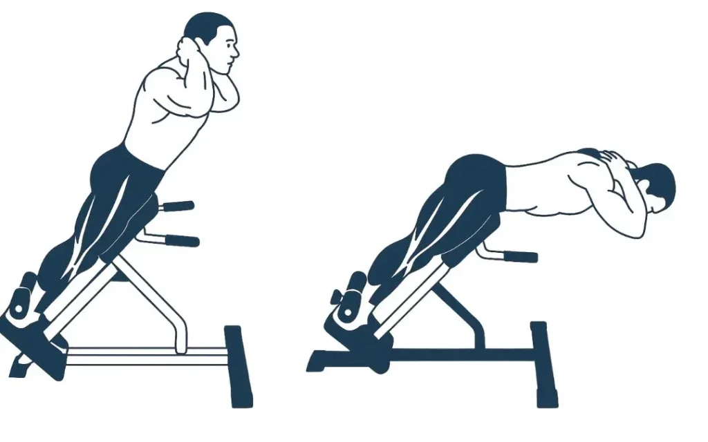 Illustration of a man performing a back extension on a hyperextension bench