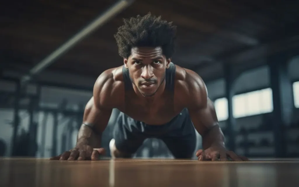 a man doing push-ups with a determined look