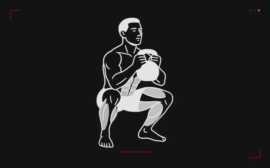 Air squat: a man in a deep squat, thighs below parallel, arms in front of him