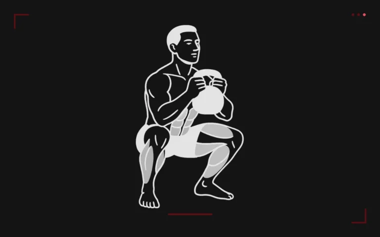 Air squat: a man in a deep squat, thighs below parallel, arms in front of him