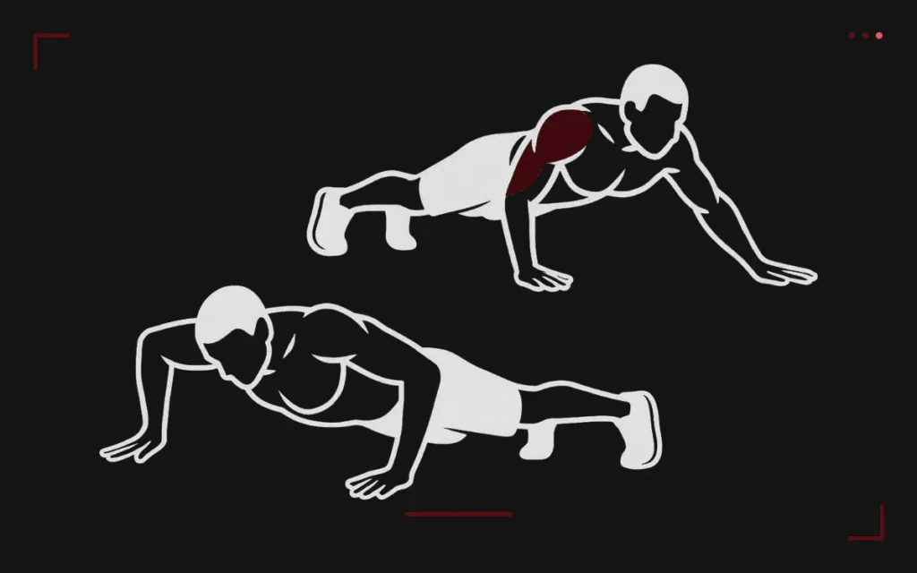 Archer push-ups: a man in a push-up with one arm bent and the other extended to the side, in two positions