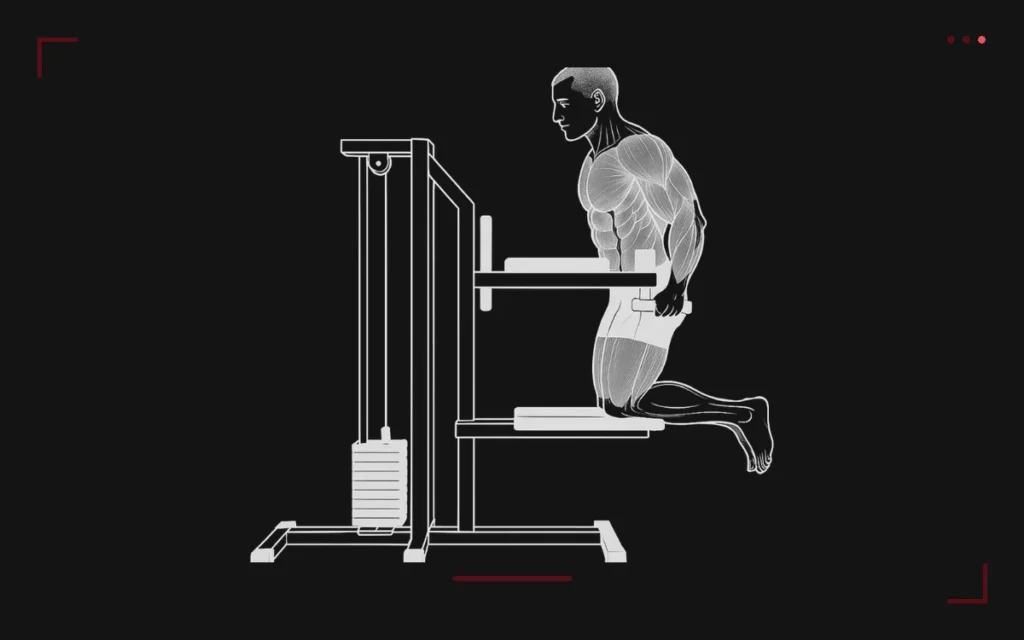 Assisted dips on a machine: a man kneeling on the assist pad, arms locked out on the dip handles