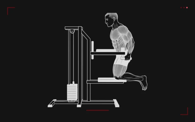 Assisted dips on a machine: a man kneeling on the assist pad, arms locked out on the dip handles