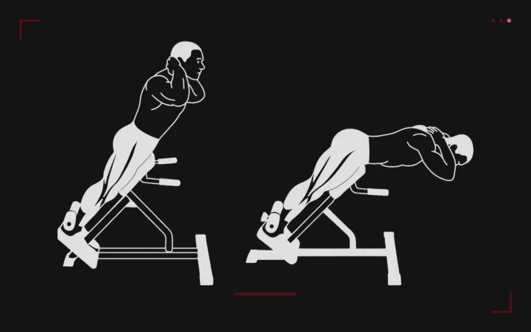 Back extension on a hyperextension bench: a man in the top position then bent forward, hands behind his head