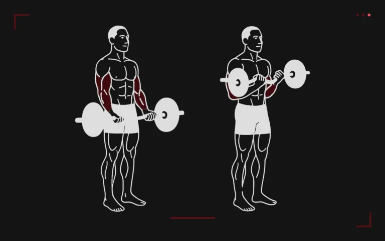Barbell curl: a man standing, bar at his thighs then curled to his shoulders, biceps and forearms highlighted