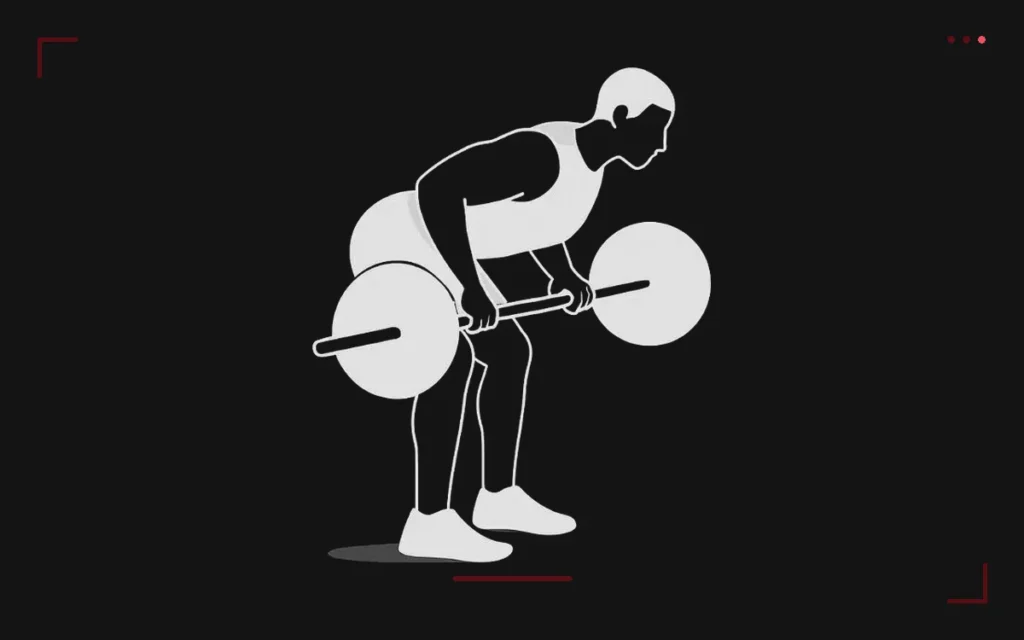 Barbell row: a man bent over with a flat back pulling a loaded barbell to his stomach