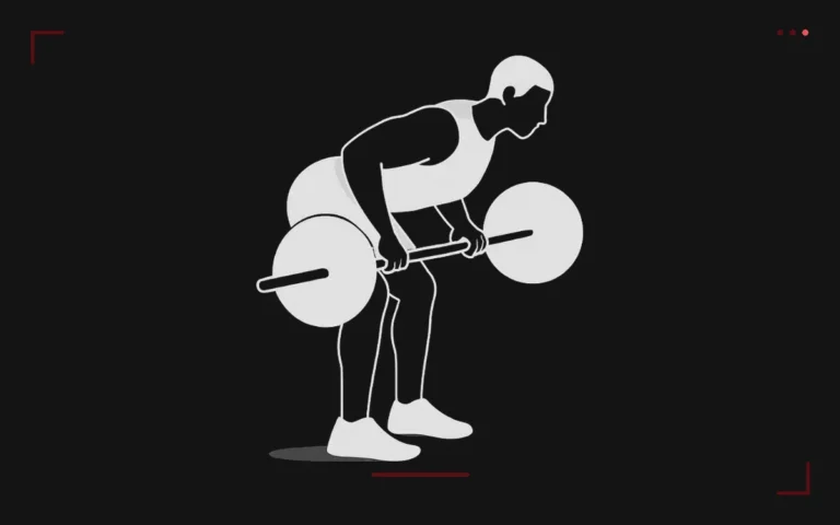 Barbell row: a man bent over with a flat back pulling a loaded barbell to his stomach