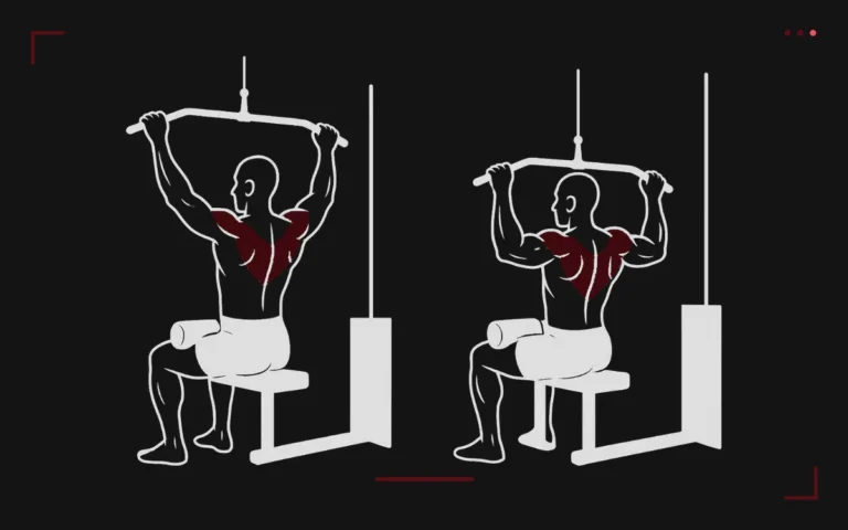 Behind-the-neck press at the cable: a man seated, seen from behind, with the bar behind his neck, shoulders highlighted
