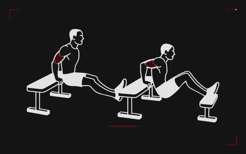 Bench dips between two benches: a man with hands on one bench and feet on the other, top and bottom position