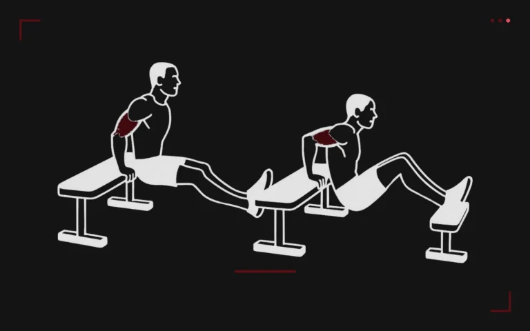 Bench dips between two benches: a man with hands on one bench and feet on the other, top and bottom position