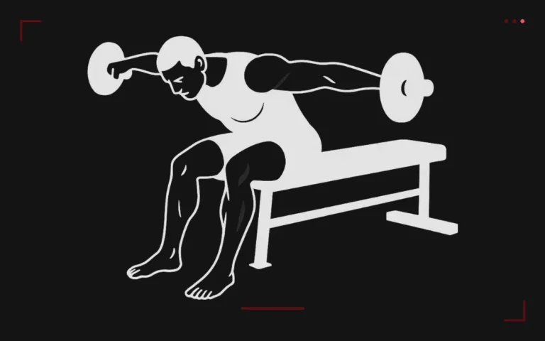 Bent-over rear delt fly: a man seated at the end of a bench, torso forward, raising two dumbbells out to the sides