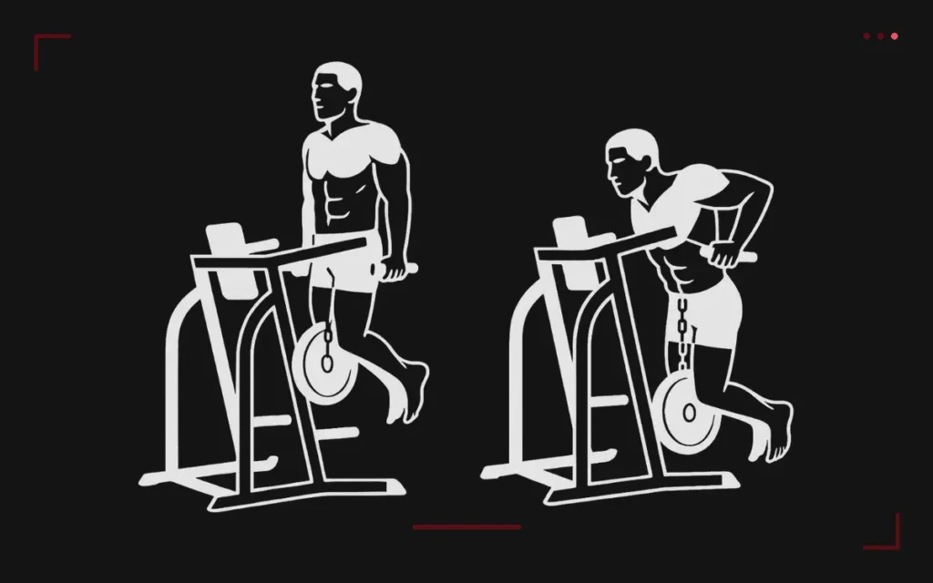 Weighted dips for the chest: two positions of a man on dip bars with a plate hanging from a dip belt