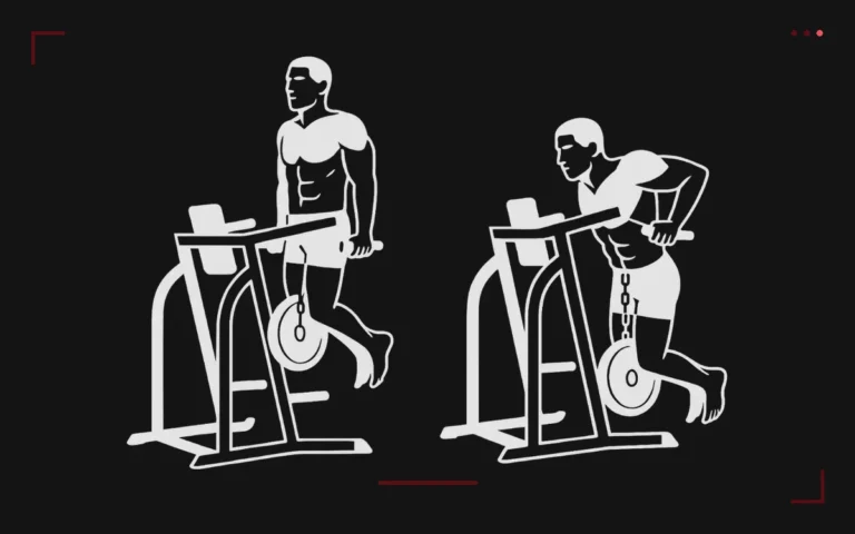 Weighted dips for the chest: two positions of a man on dip bars with a plate hanging from a dip belt