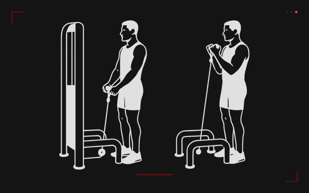 Low pulley cable bicep curl: a man standing, arms extended then elbows bent, facing the cable station