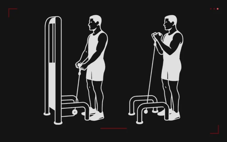 Low pulley cable bicep curl: a man standing, arms extended then elbows bent, facing the cable station