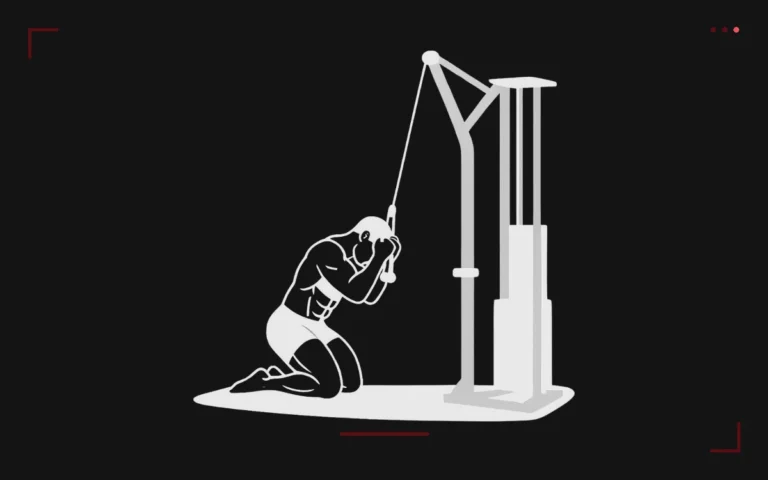 High pulley cable crunch: a man kneeling, holding the rope behind his head and curling his torso down