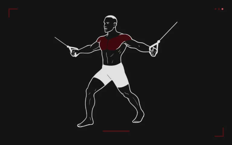 Cable crossover fly: a man standing between two pulleys bringing his arms together, chest highlighted