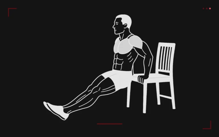 Chair dips: a man supported on his hands behind him on a chair, legs straight, lowering by bending his elbows