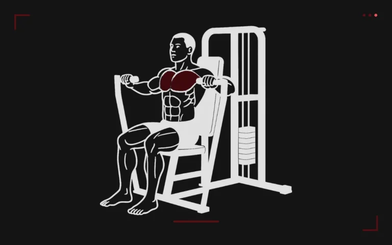 Machine chest press: a man seated pushing the handles forward, chest highlighted in red