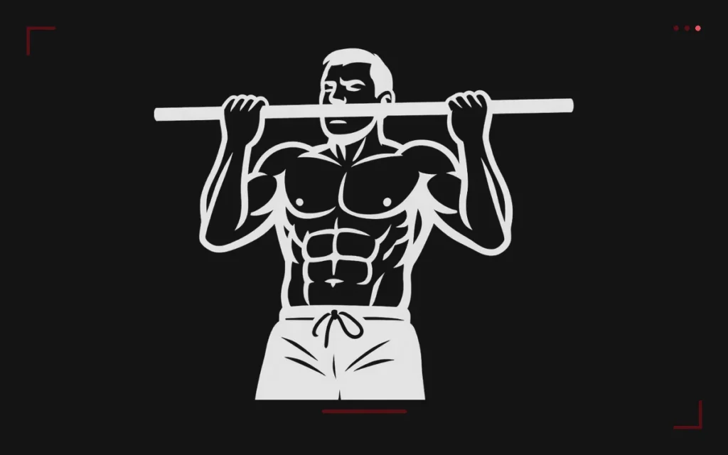 Chin-up for biceps: a man in a supinated grip pull-up, chin over the bar, palms facing him