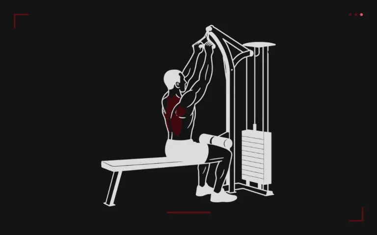Close-grip lat pulldown: a man seated at the high pulley pulling the handle to his chest, lats highlighted