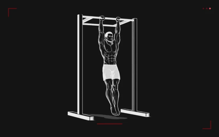 Dead hang: a man hanging from a pull-up bar with straight arms, body relaxed and feet off the floor