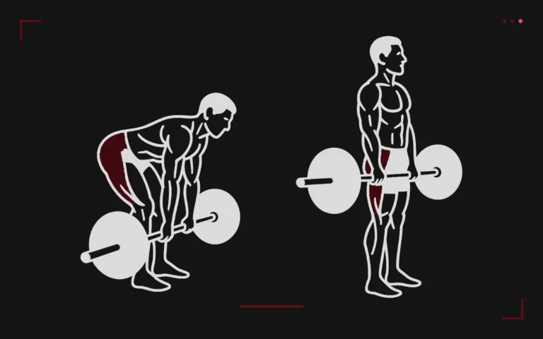 Barbell deadlift: a man in the flat-back starting position then standing tall at lockout
