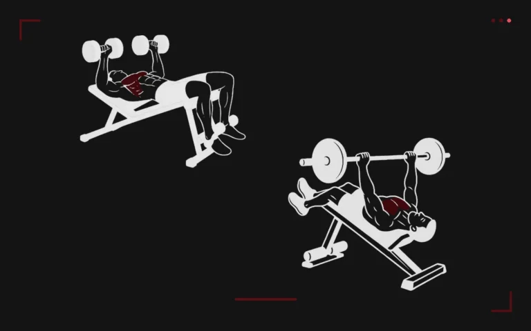 Decline bench press: one man with dumbbells and one with a barbell on a decline bench, lower chest highlighted