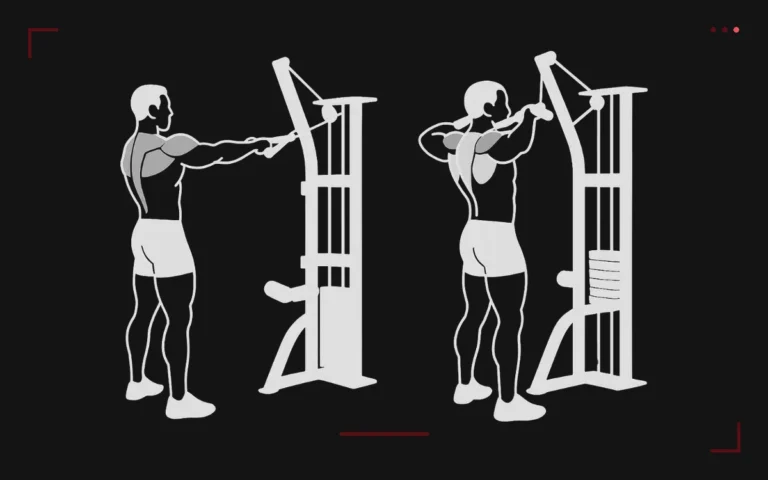Face pull on a high cable: a man pulling the rope toward his face, elbows flared, rear delts highlighted