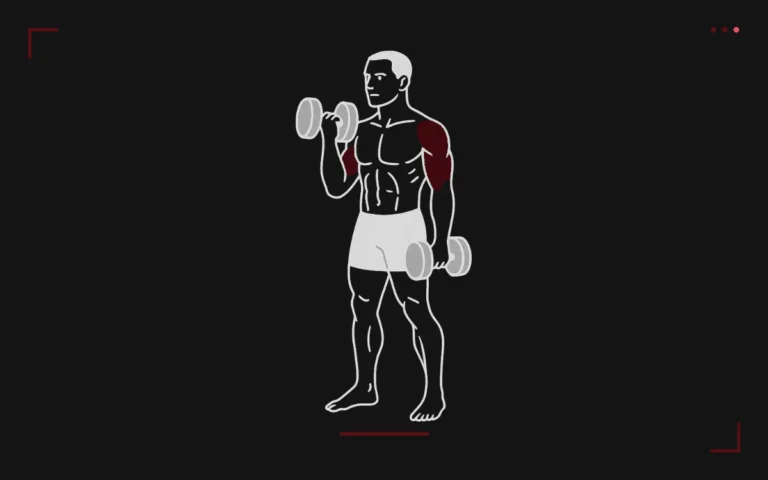 Dumbbell hammer curl: a man standing, curling a dumbbell with a neutral grip, forearm and biceps highlighted