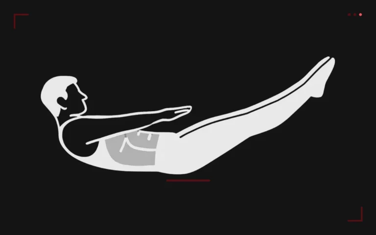 Hollow hold: a man on his back, arms and legs straight and lifted off the floor in a banana shape