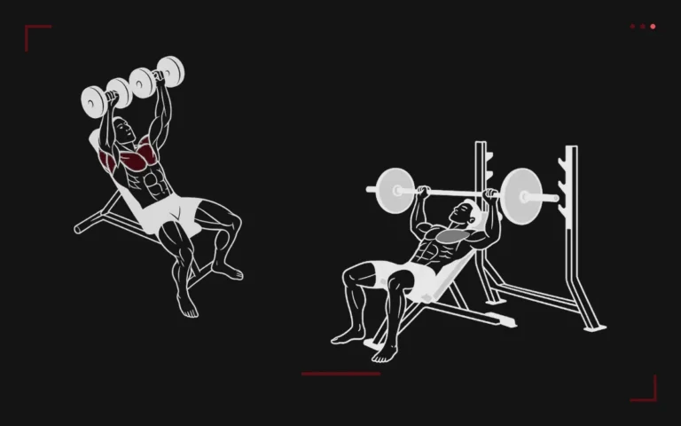Incline press: one man with dumbbells and one with a barbell on an incline bench, upper chest highlighted in red