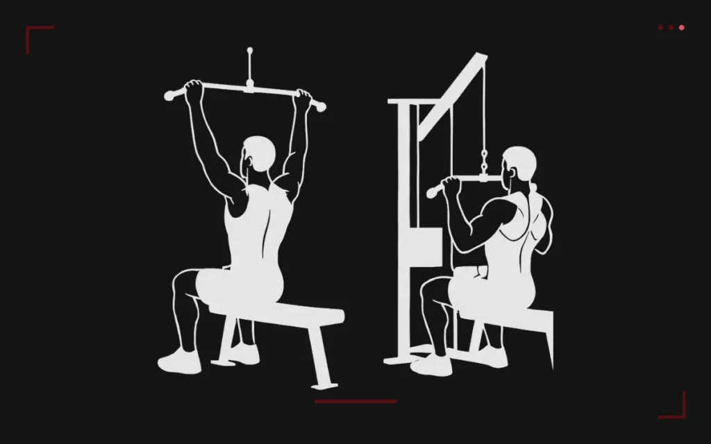 Lat pulldown: a man seated at the high pulley pulling the bar to his chest, seen from behind and from the side