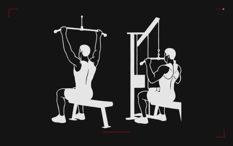 Lat pulldown: a man seated at the high pulley pulling the bar to his chest, seen from behind and from the side