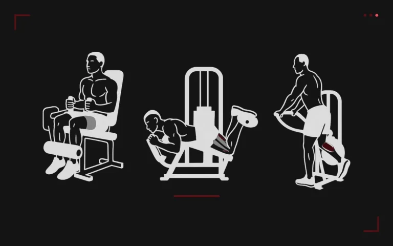 Leg curl: three machine variations, seated, lying and standing, hamstrings highlighted
