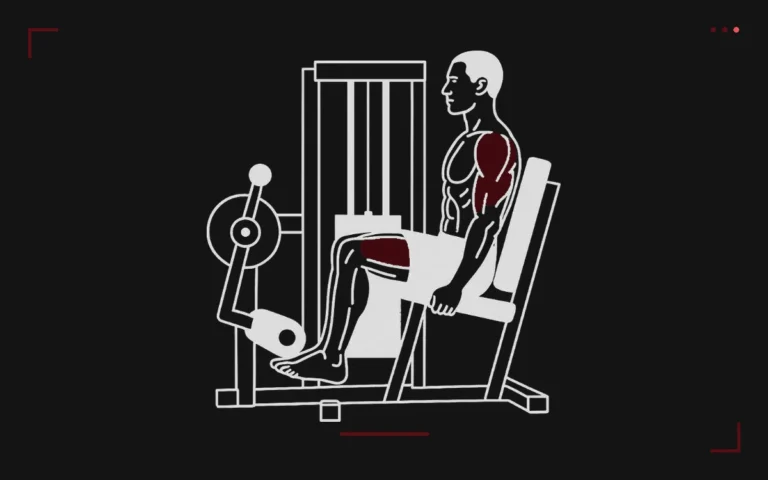 Leg extension machine: a man seated straightening his legs against the pad, quads highlighted