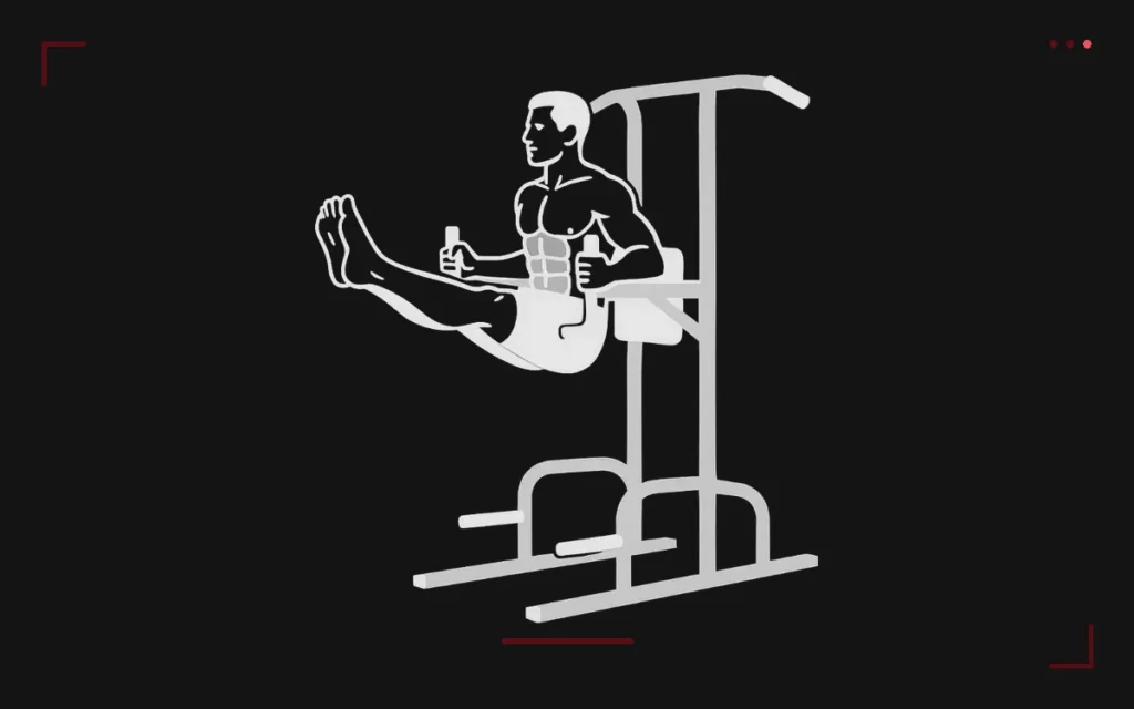 Leg raises on a captain's chair: a man braced on his forearms lifting straight legs to horizontal