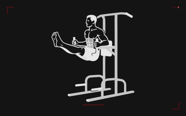 Leg raises on a captain's chair: a man braced on his forearms lifting straight legs to horizontal