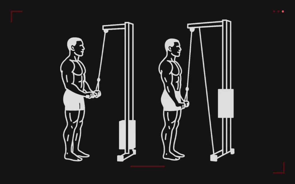 Low pulley triceps extension: a man standing at the cable station pushing the handle down