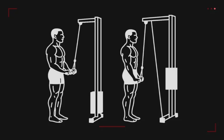 Low pulley triceps extension: a man standing at the cable station pushing the handle down