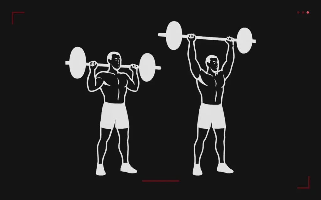 Barbell military press: a man standing, bar at his collarbones then pressed overhead