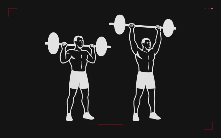 Barbell military press: a man standing, bar at his collarbones then pressed overhead