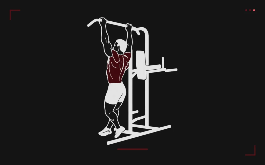Neutral-grip pull-up: a man hanging from the parallel handles of a pull-up station, back highlighted