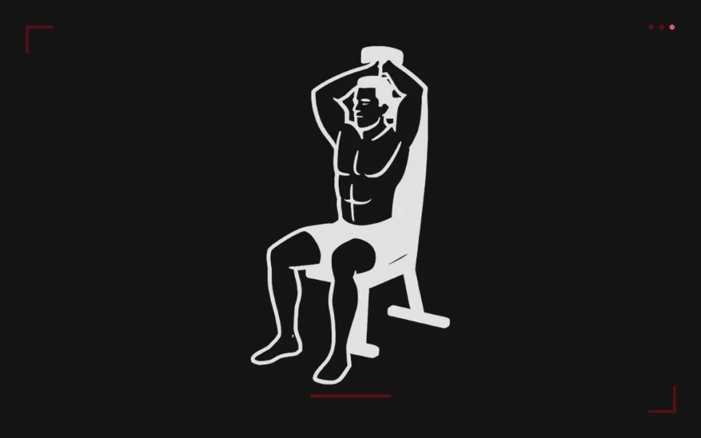 Overhead dumbbell tricep extension: a man seated holding one dumbbell behind his head with both hands