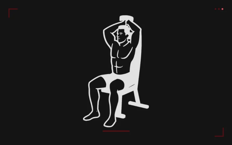 Overhead dumbbell tricep extension: a man seated holding one dumbbell behind his head with both hands