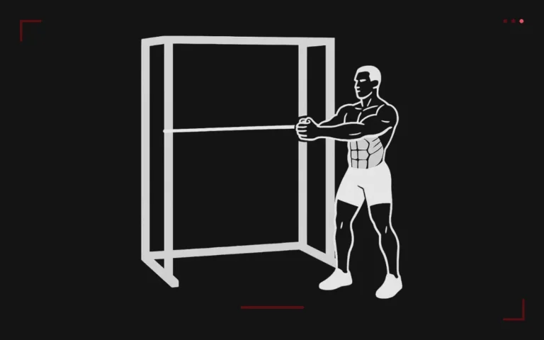 Pallof press: a man standing side-on holding a band anchored to a rack, pressing it out without rotating