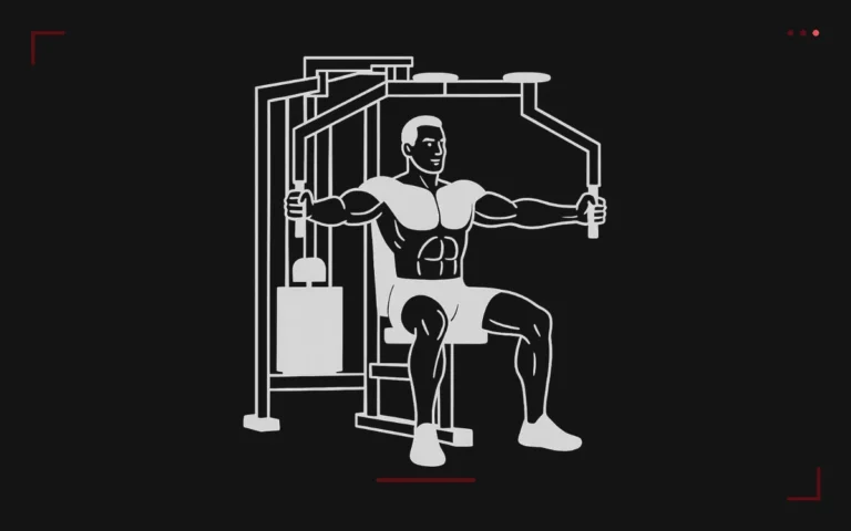 Pec deck: a man seated in the machine bringing his arms together in front to squeeze his chest