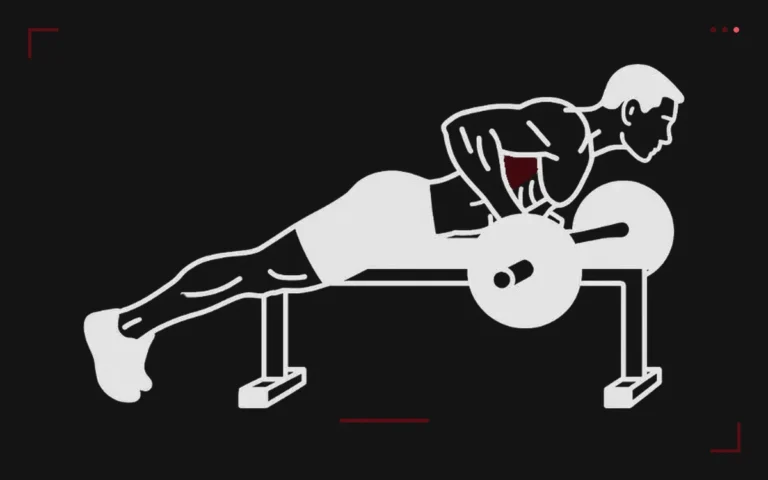 Planche row: a man lying chest down on a bench pulling a barbell from under the bench toward his chest