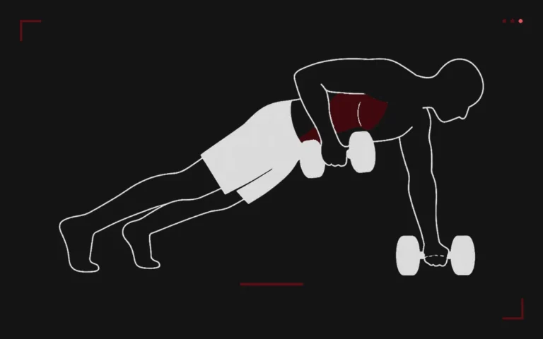 Renegade row: a man in a plank on two dumbbells rowing one dumbbell to his hip, back highlighted