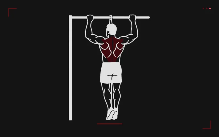 Resistance band pull-ups: a man seen from behind hanging from the bar, back muscles highlighted in red